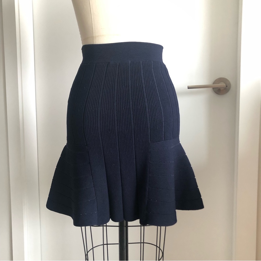 Sandro Navy Ribbed Knit Flared Hem Skirt - Picture 2 of 5